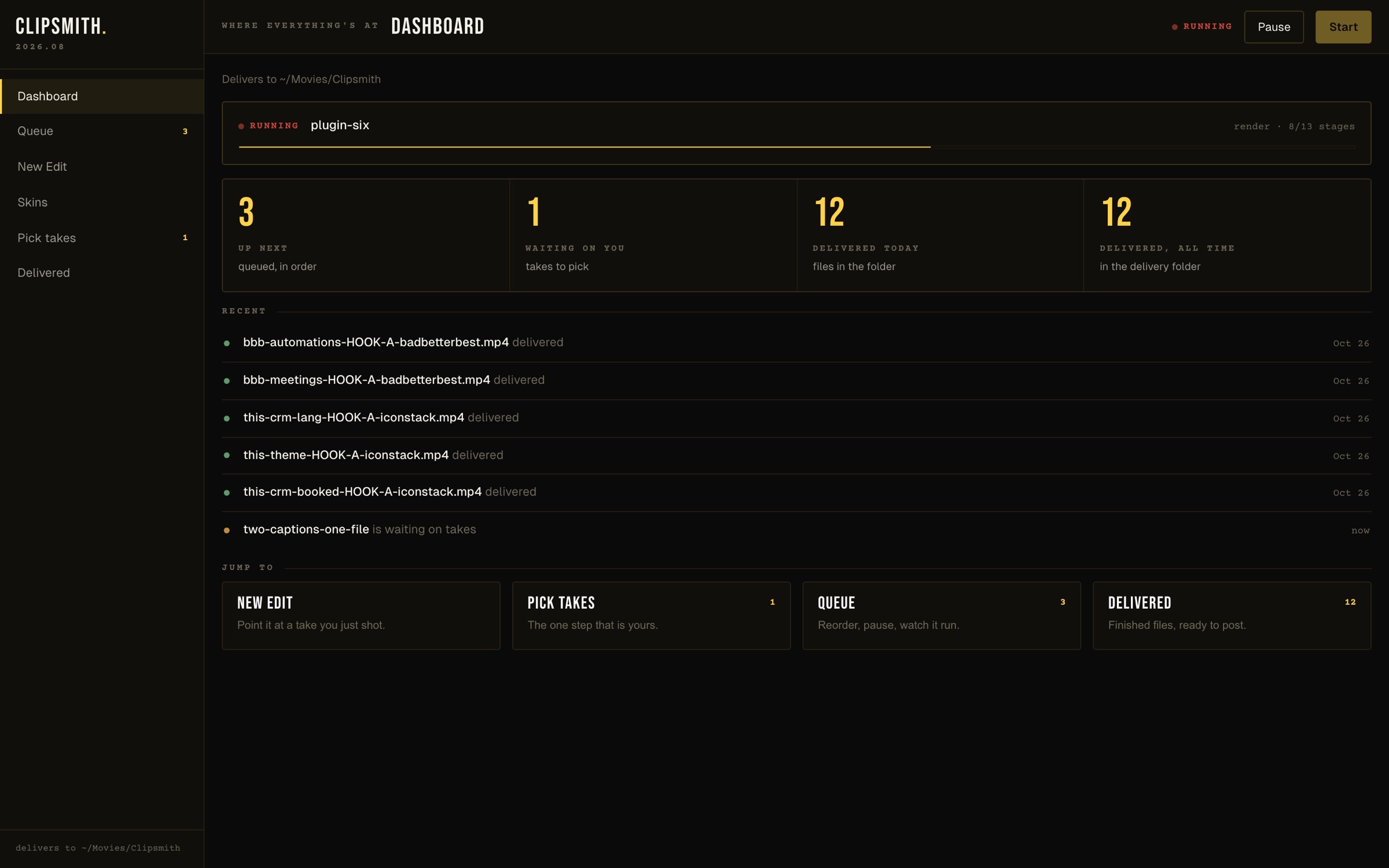 The Clipsmith dashboard: one reel rendering, three queued, one waiting on takes, twelve delivered